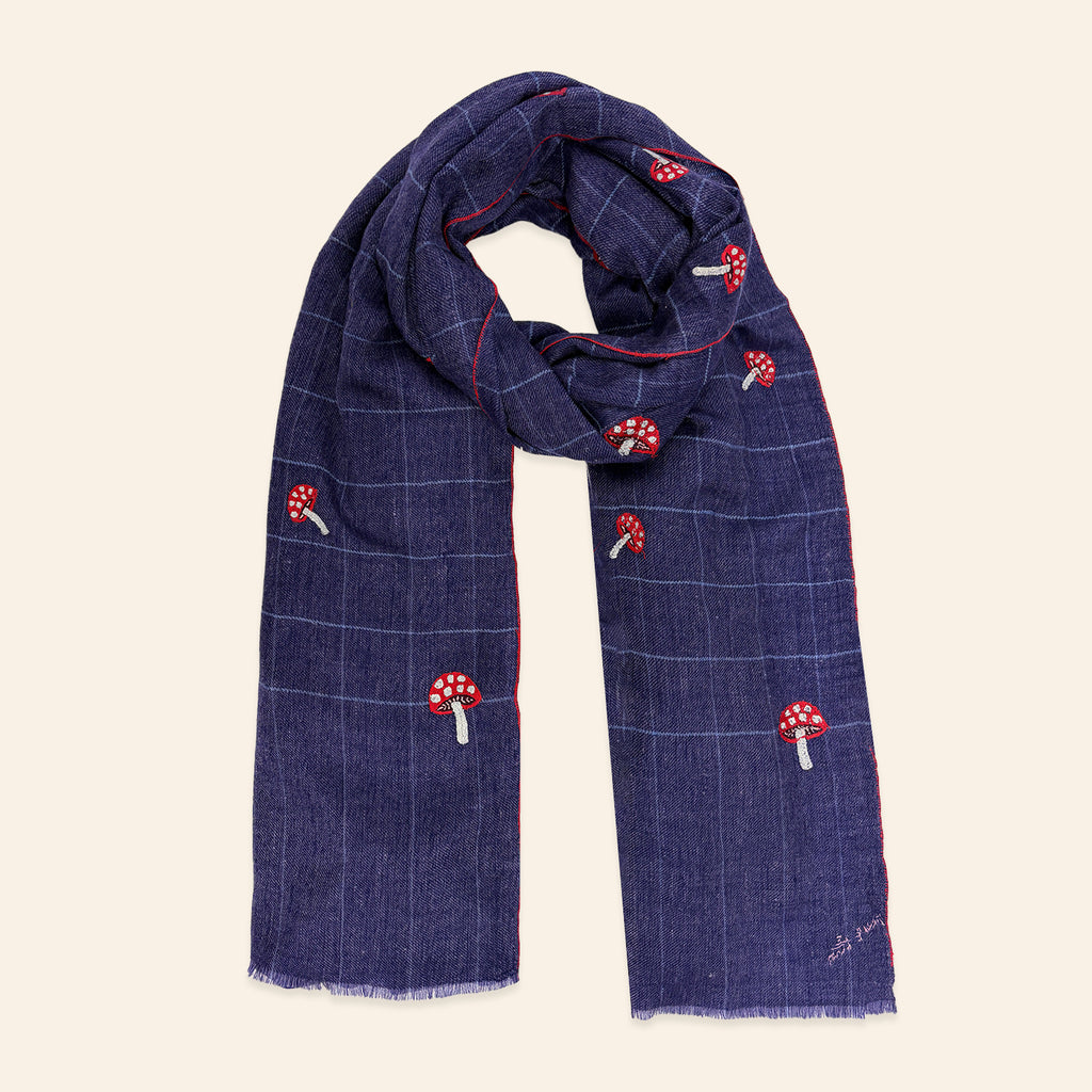 Mushroom Embroidered Shawl Navy Check