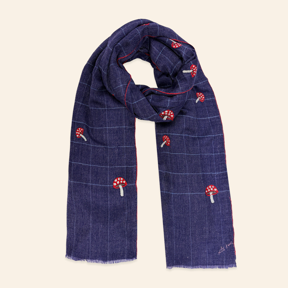 Mushroom Embroidered Shawl Navy Check