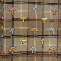 Multi-Coloured Mushroom Embroidered Shawl Natural, Burgundy and Black Check