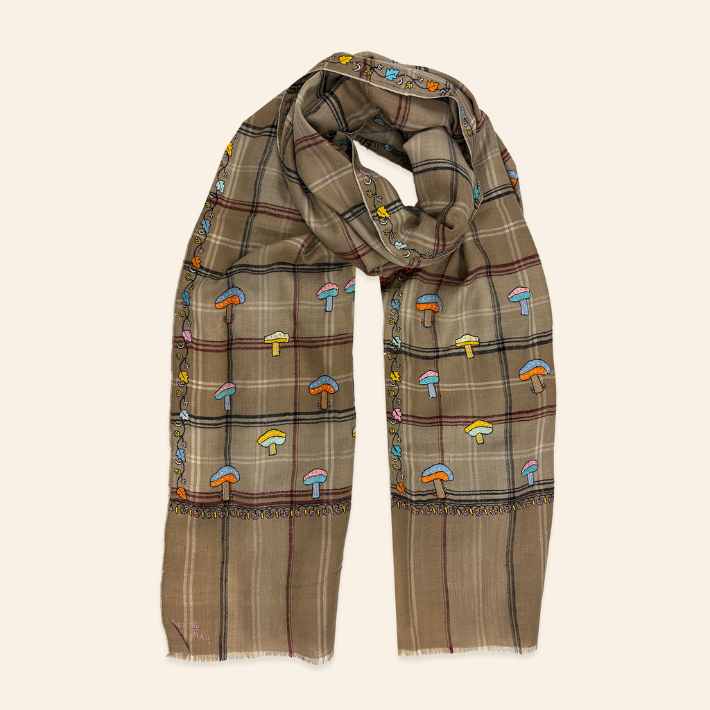 Multi-Coloured Mushroom Embroidered Shawl Natural, Burgundy and Black Check
