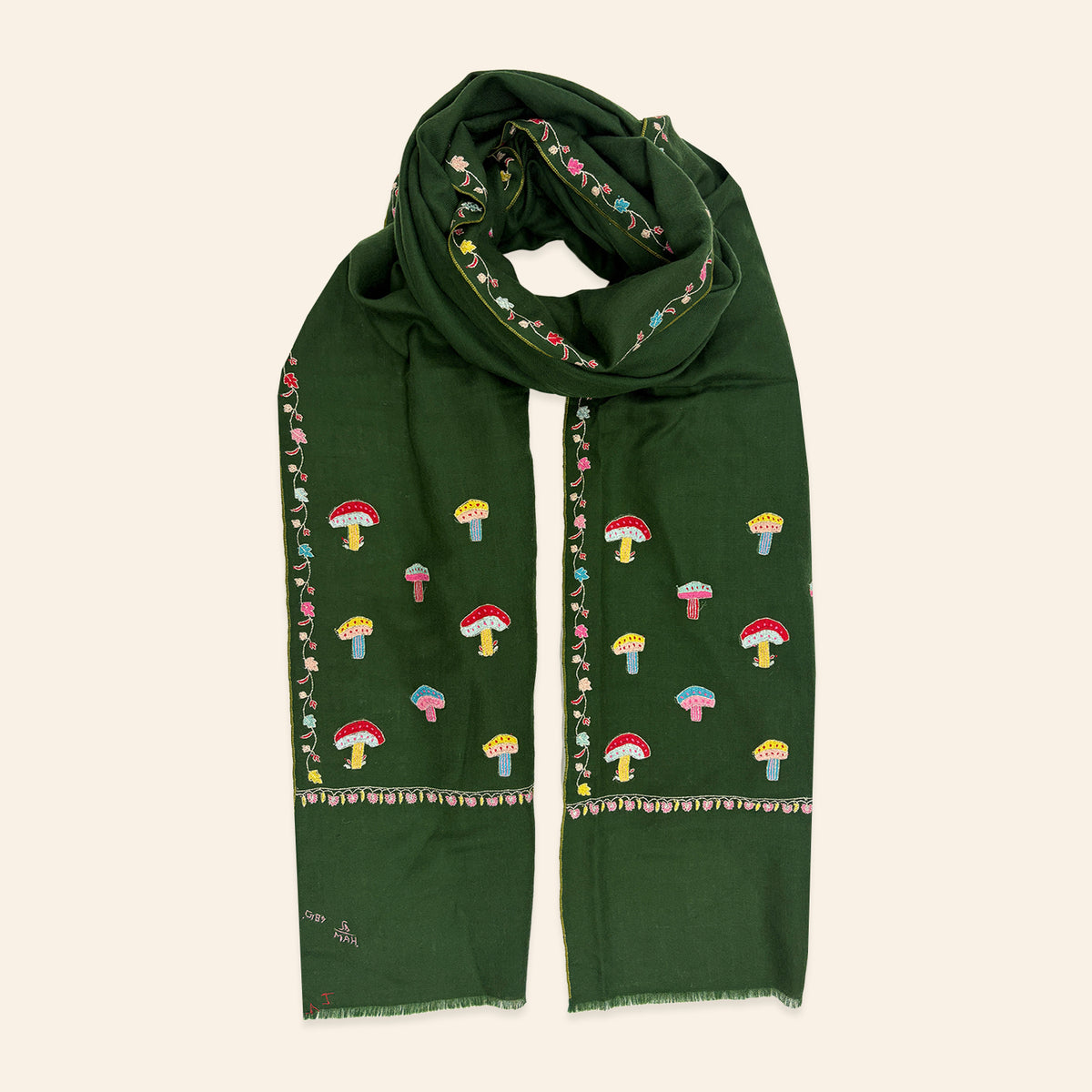 Multi-Coloured Mushroom Embroidered Shawl Green