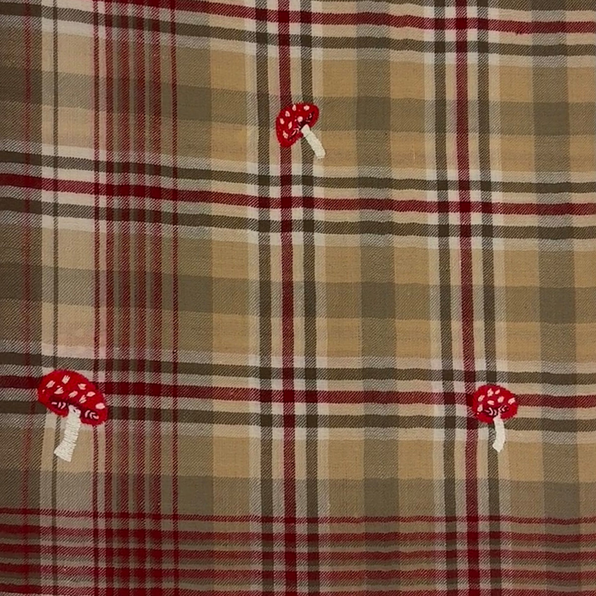 Mushroom Embroidered Shawl Natural and Red Plaid