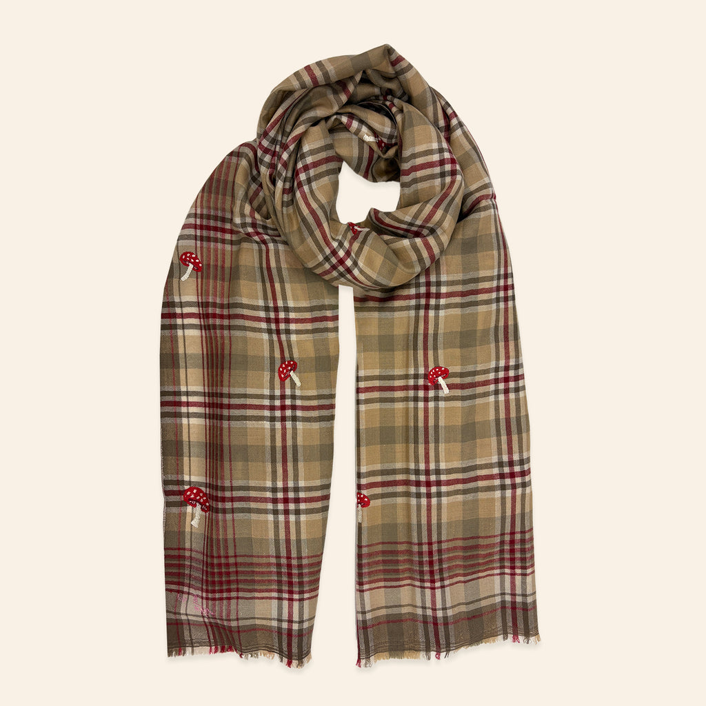 Mushroom Embroidered Shawl Natural and Red Plaid