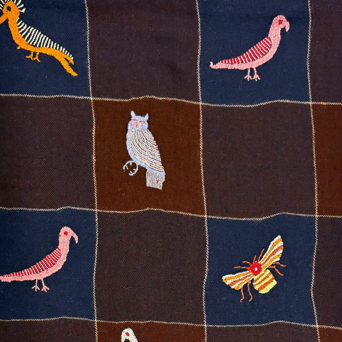 All Over Animal Embroidered Shawl Navy and Brown Check