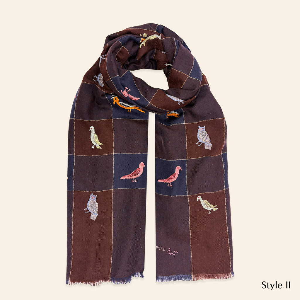 All Over Animal Embroidered Shawl Navy and Brown Check