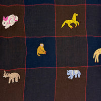 All Over Animal Embroidered Shawl Navy and Brown Check