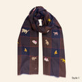 All Over Animal Embroidered Shawl Navy and Brown Check