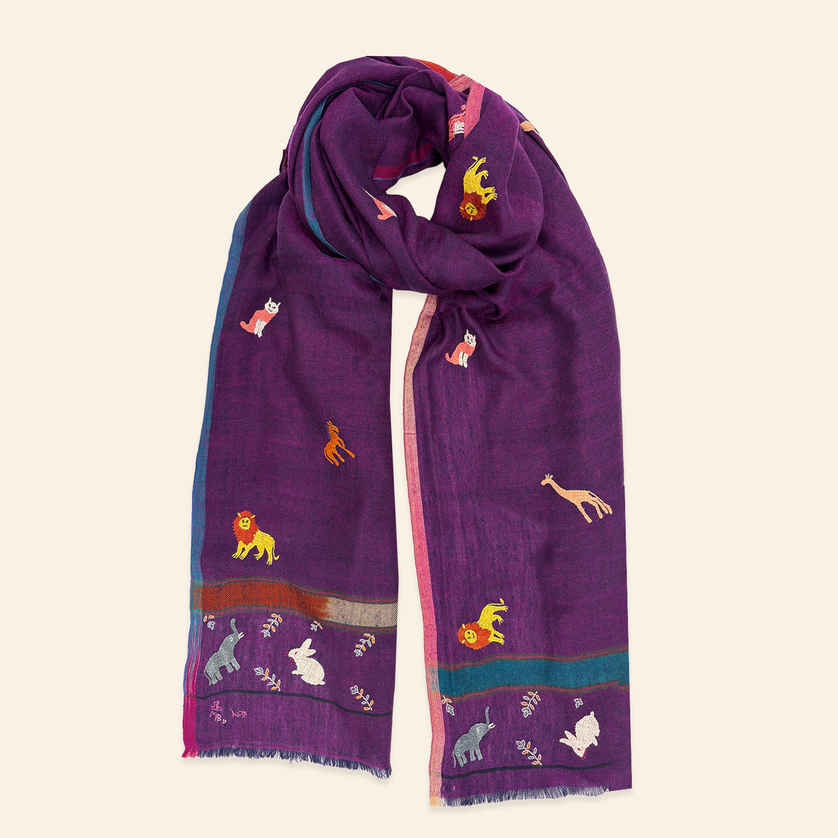 All Over Animal Embroidered Shawl Purple
