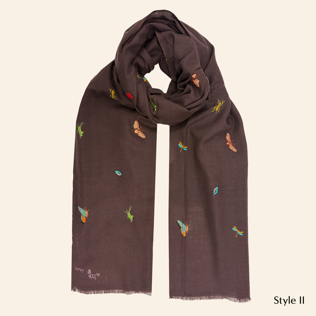 Insect Embroidered Shawl Brown
