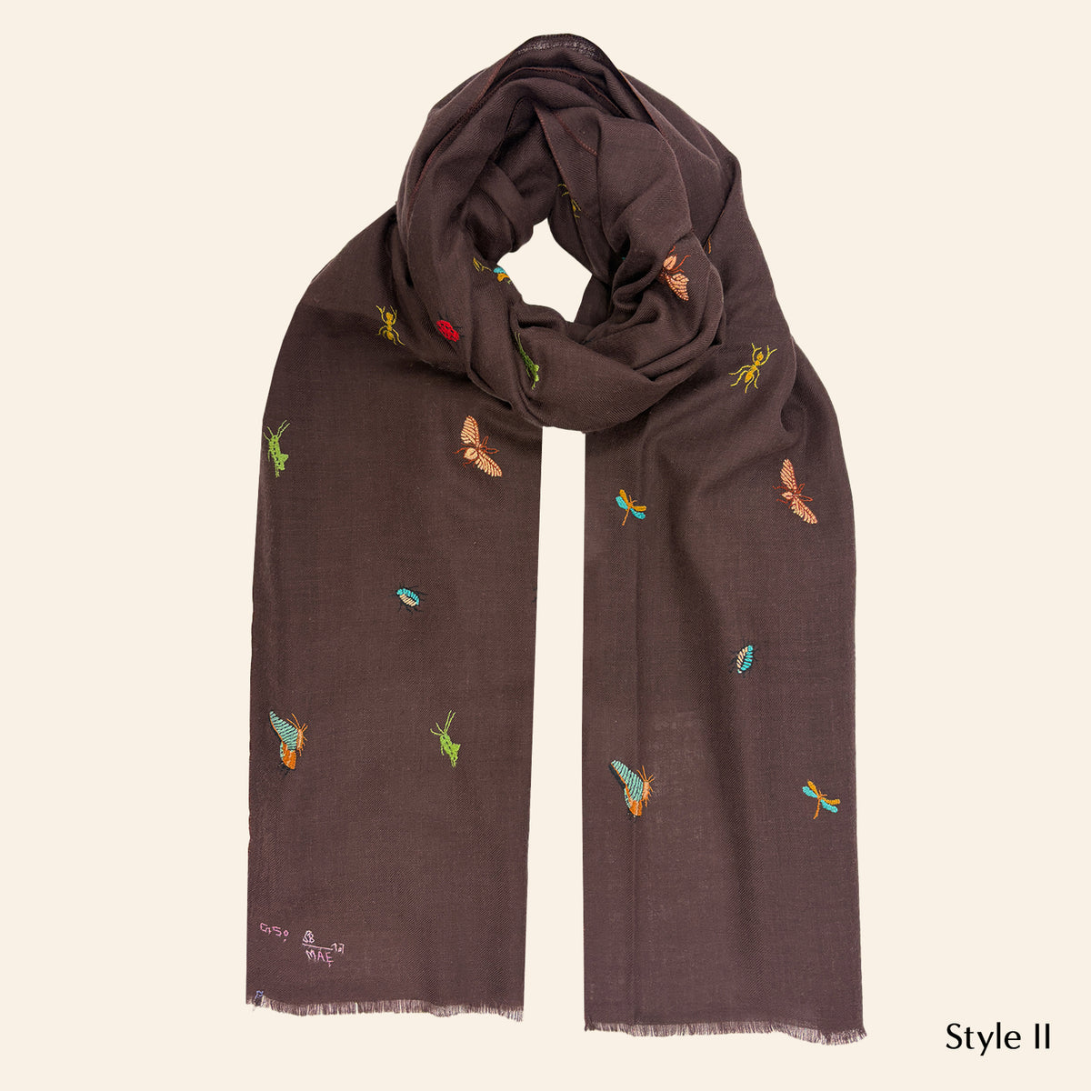 Insect Embroidered Shawl Brown