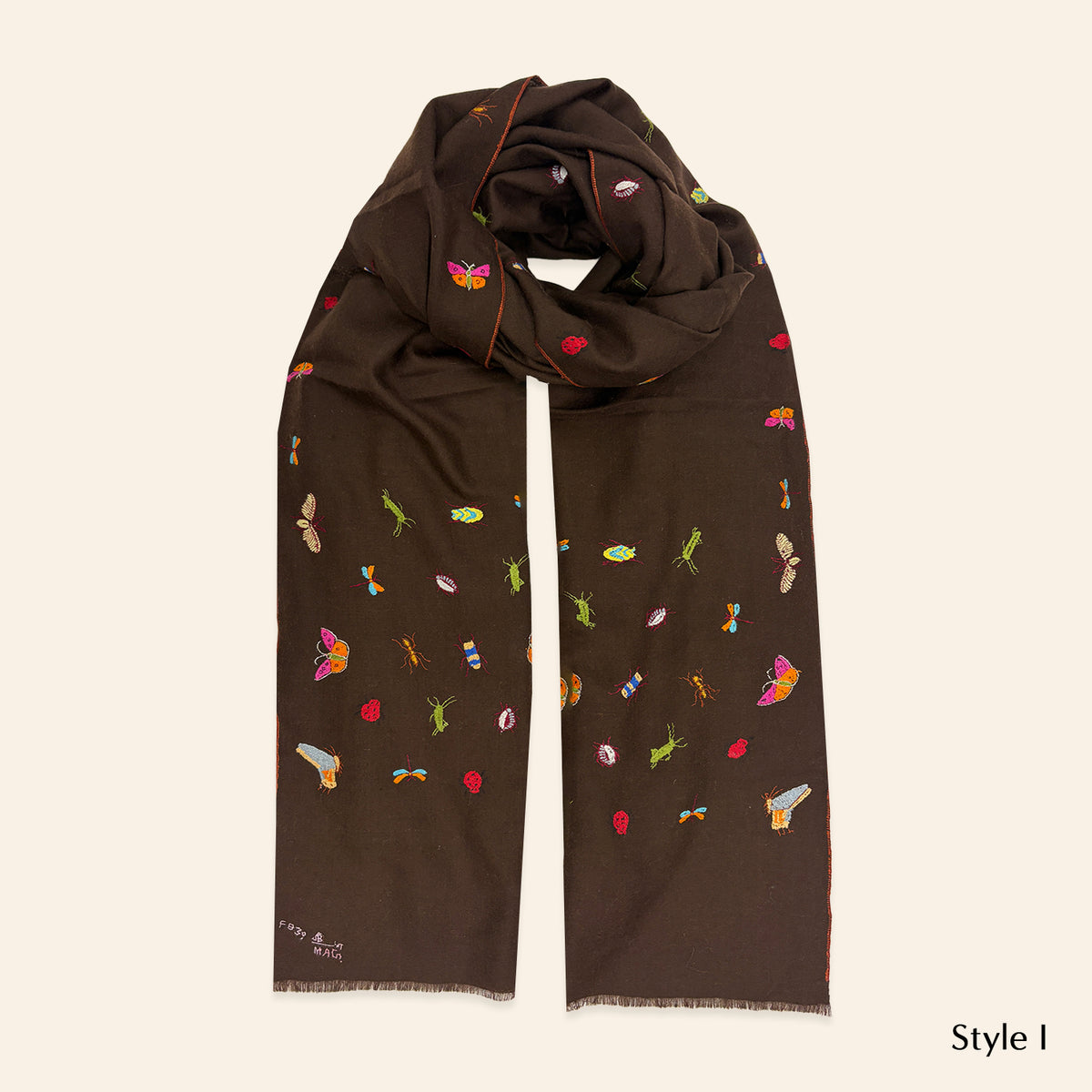 Insect Embroidered Shawl Brown