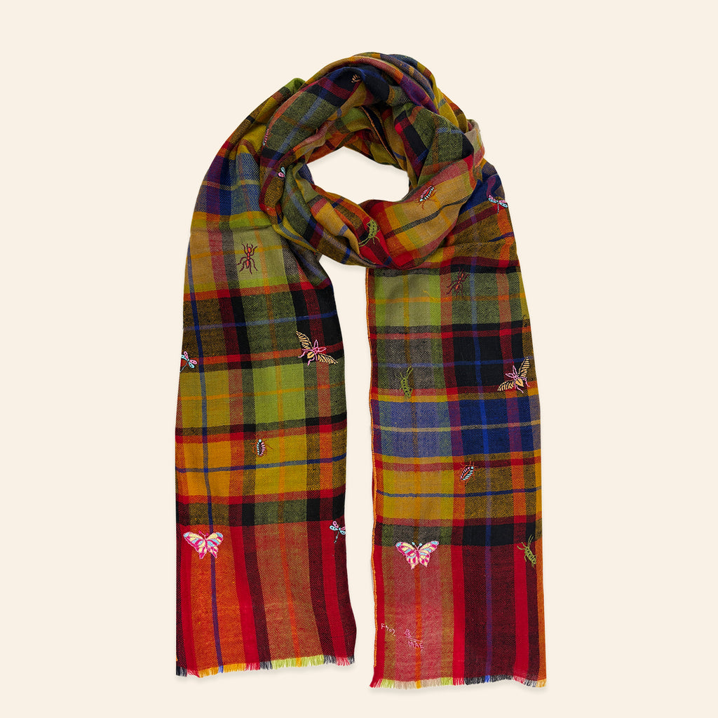 Insect Embroidered Shawl Multi Plaid