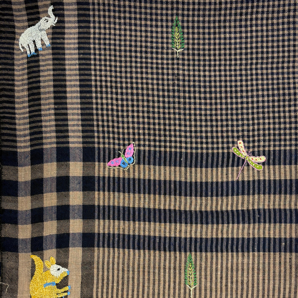 Insect and Animal Embroidered Shawl Natural and Navy Check