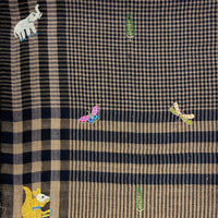Insect and Animal Embroidered Shawl Natural and Navy Check