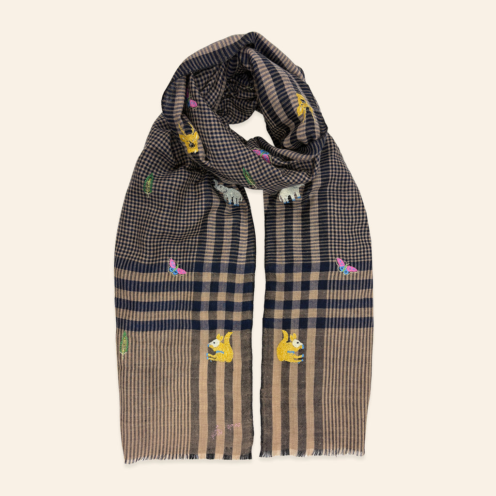 Insect and Animal Embroidered Shawl Natural and Navy Check