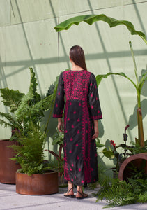 Silk Embroidered Dress Black with Fuchsia
