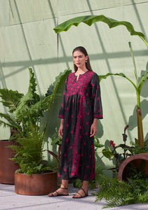 Silk Embroidered Dress Black with Fuchsia