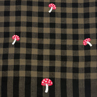Mushroom Embroidered Shawl Black and Tan Check