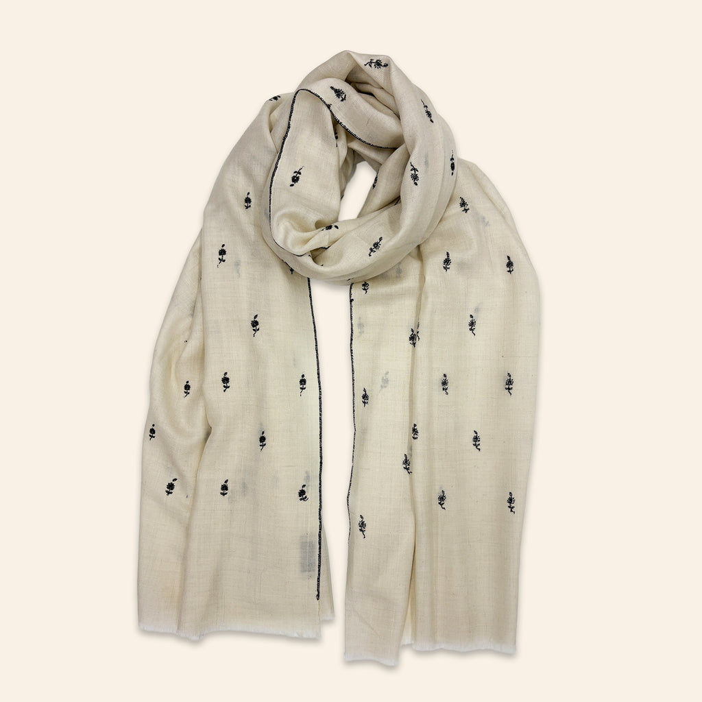 Floral Embroidered Shawl Ivory with Black