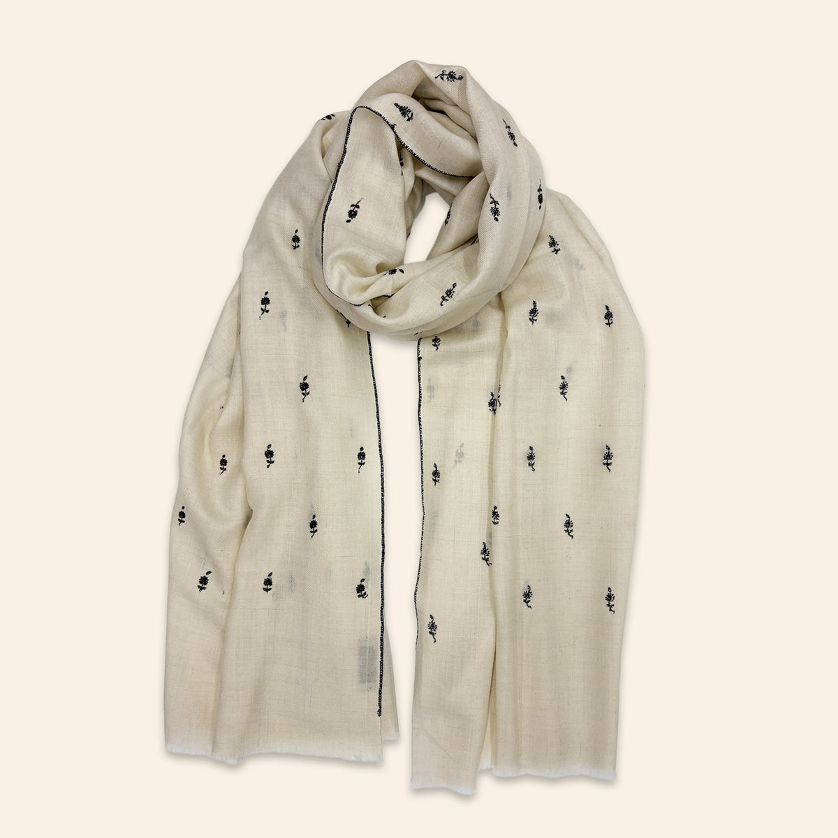 Floral Embroidered Shawl Ivory with Black