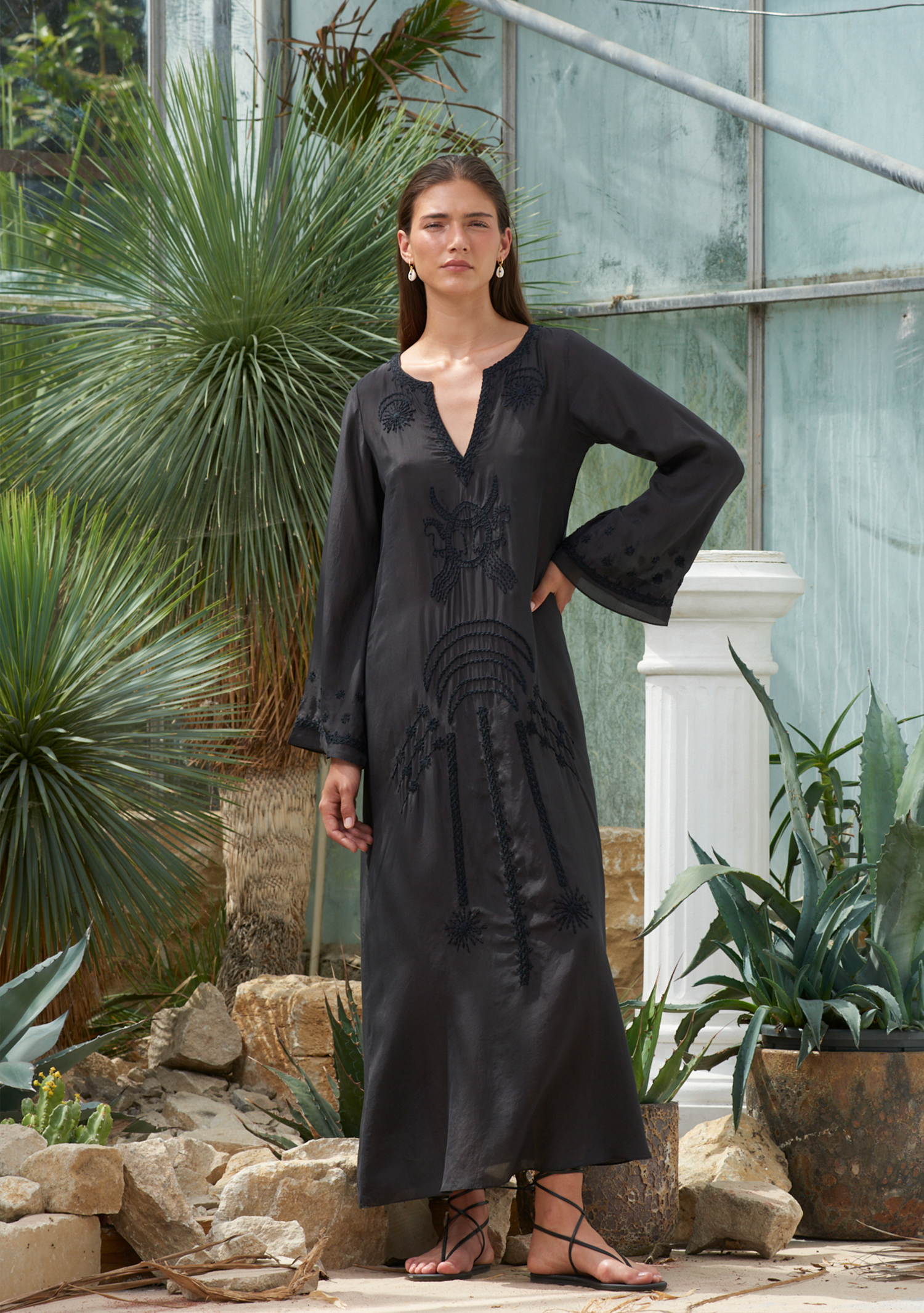 India Kaftan Black with Black Moon Embroidery