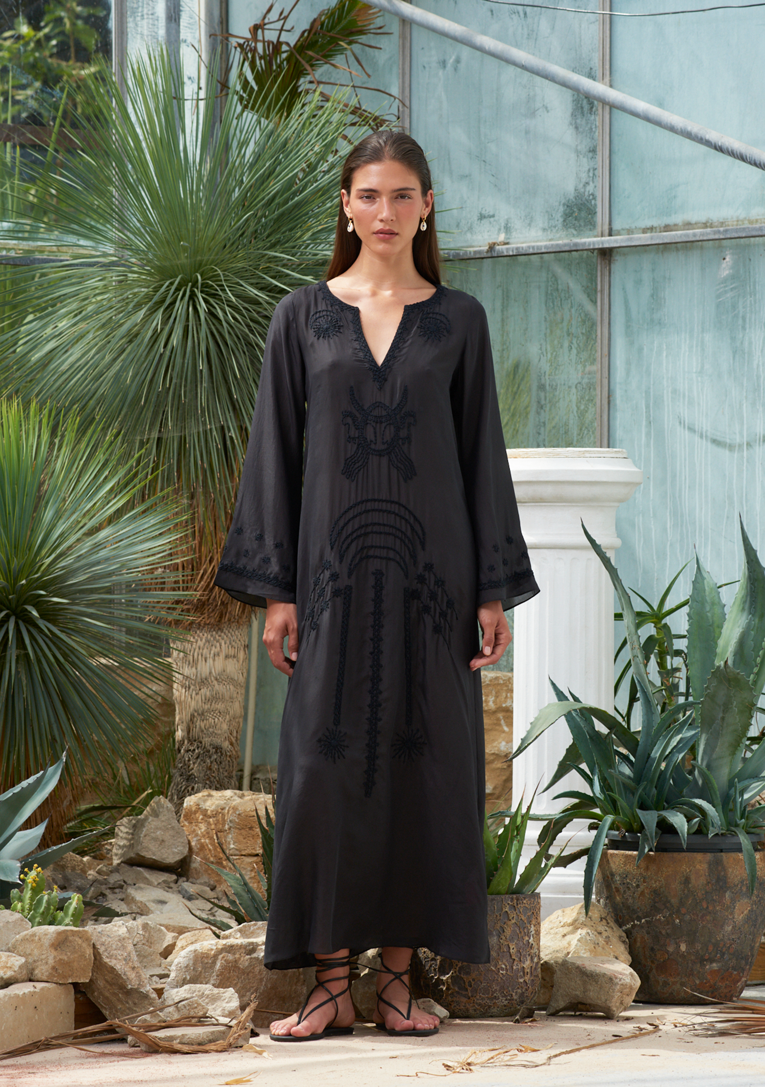India Kaftan Black with Black Moon Embroidery