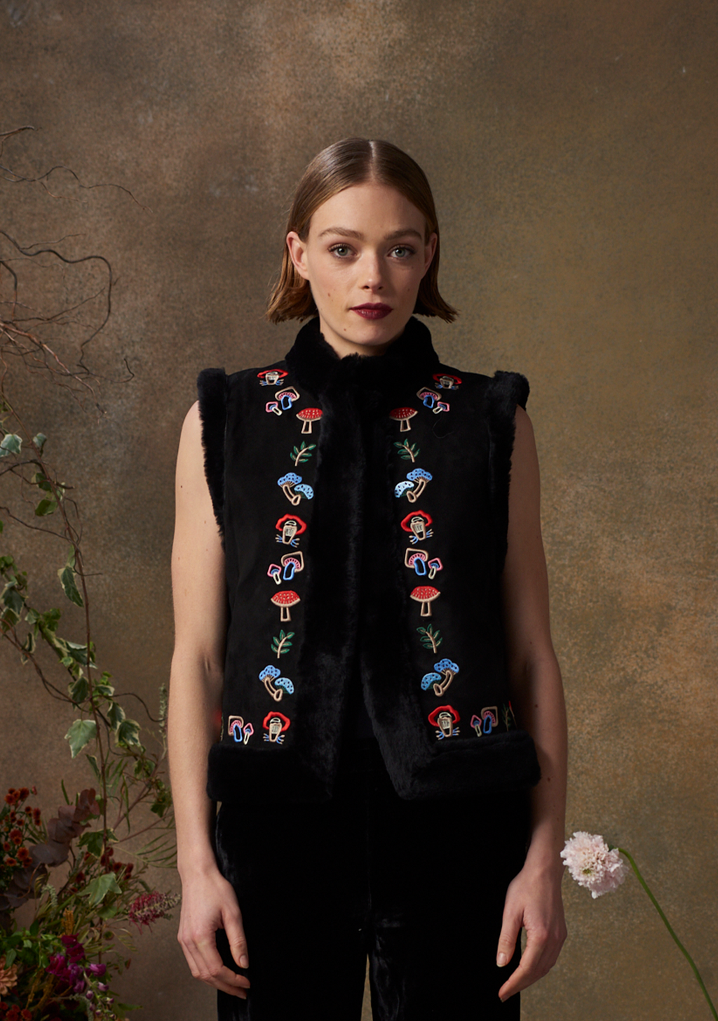Mimi Gilet Black Suede With Mushroom Embroidery
