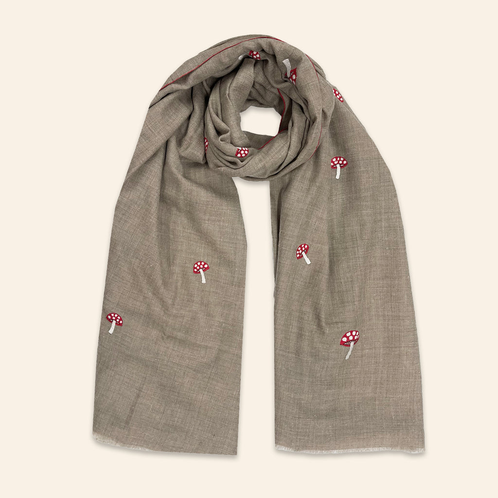 Mushroom Embroidered Shawl Natural