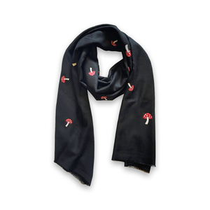 Mushroom Embroidered Shawl Black