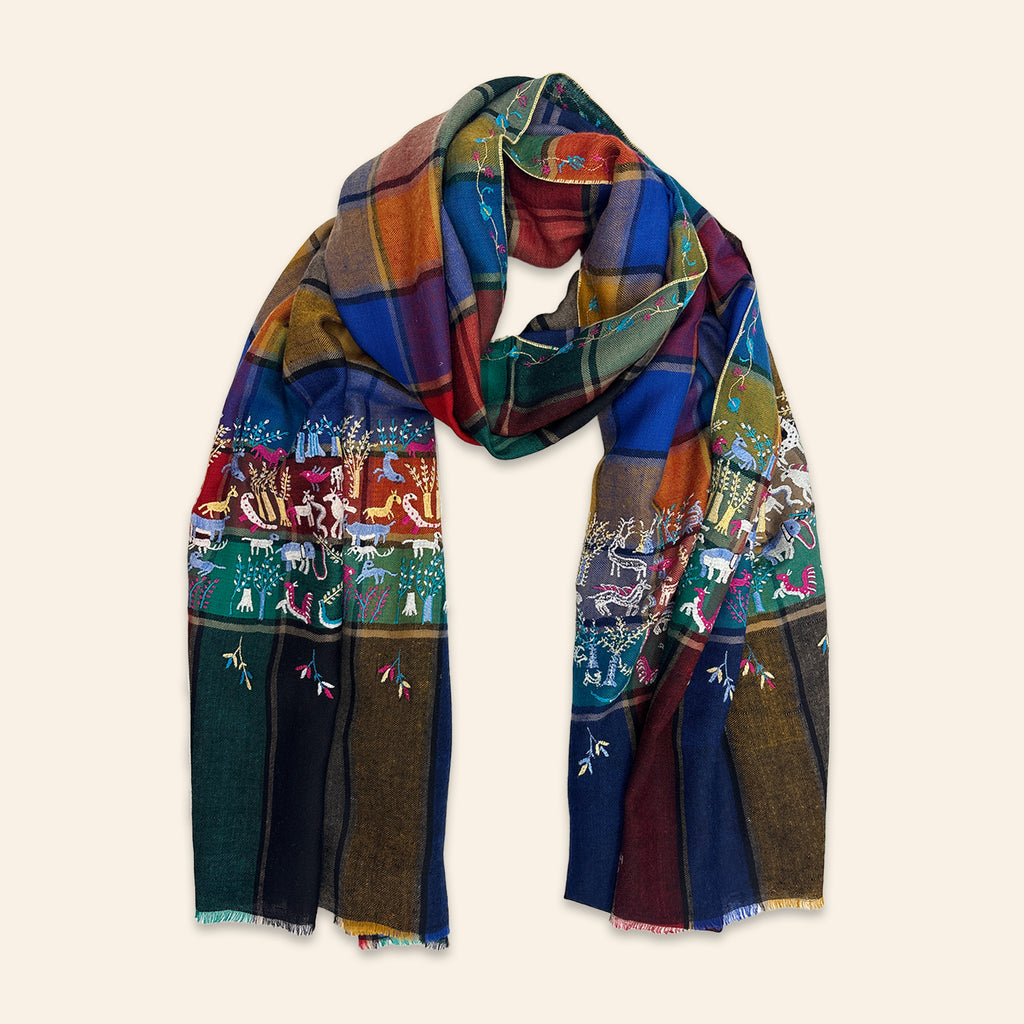 Animal Forest Embroidered Shawl Multi Check