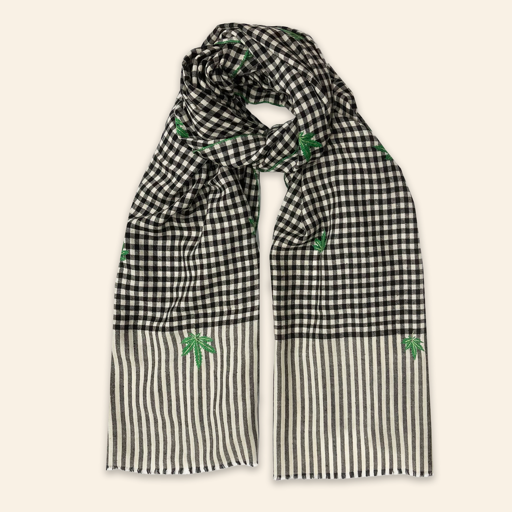 Herb Embroidered Shawl Black and Ivory Mini Check