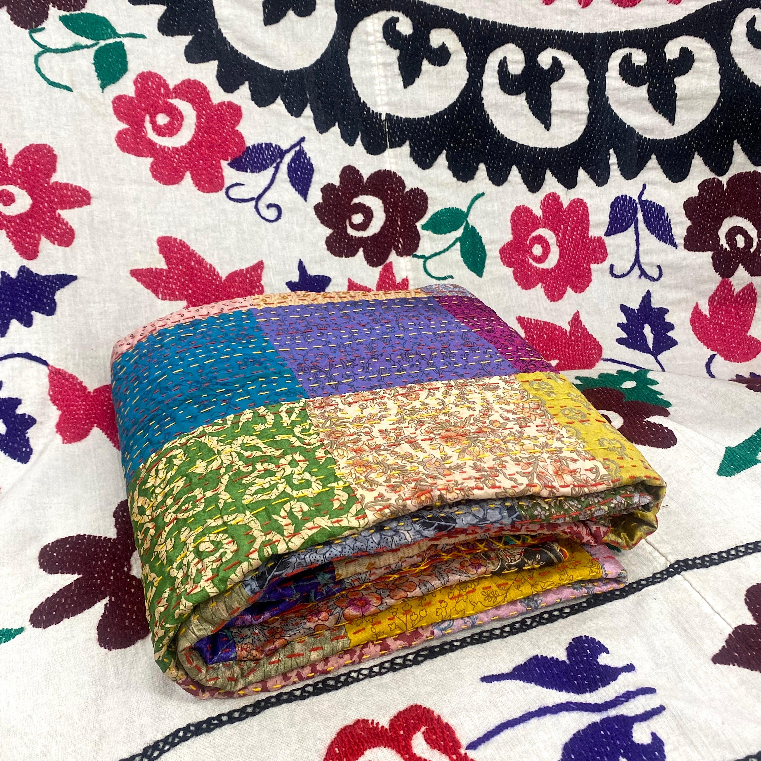 Multicoloured Silk Kantha Throw Small I
