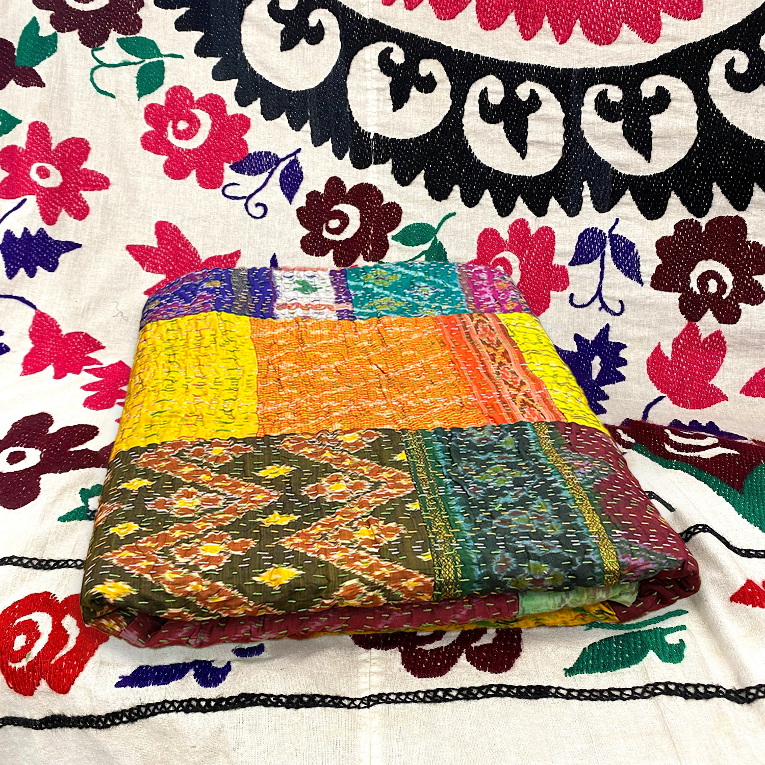 Multicoloured Silk Kantha Throw Large III