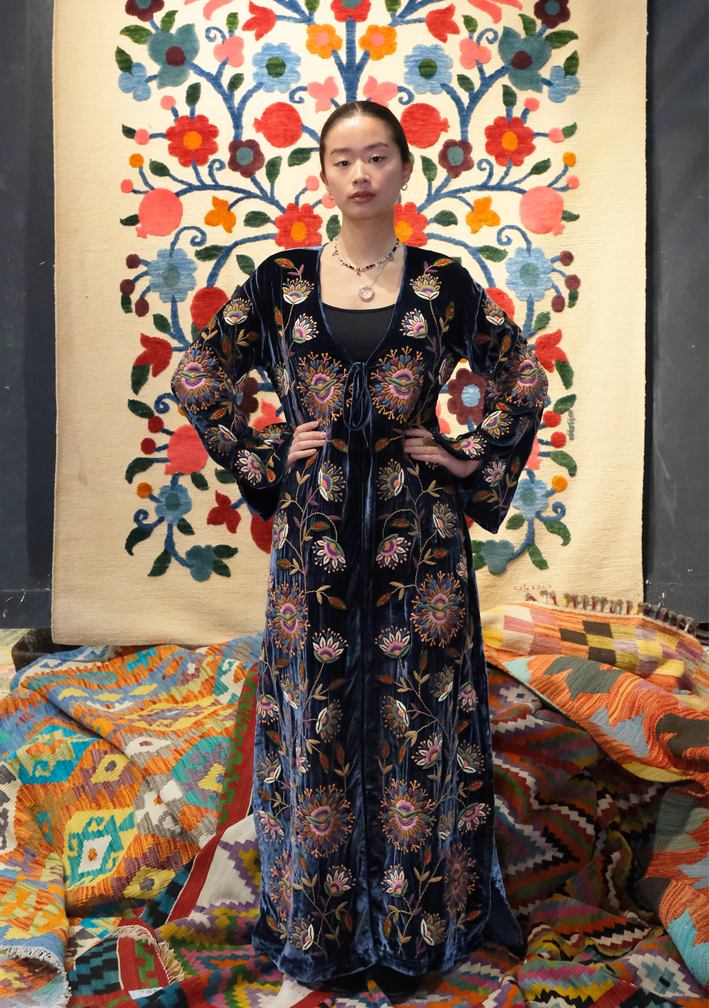 Abaya Robe Navy with Floral Embroidery
