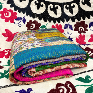 Multicoloured Silk Kantha Throw Large I