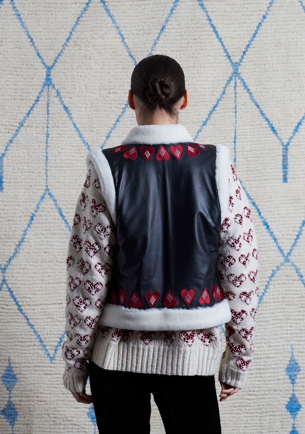 Mimi Gilet Black Leather with Heart Embroidery