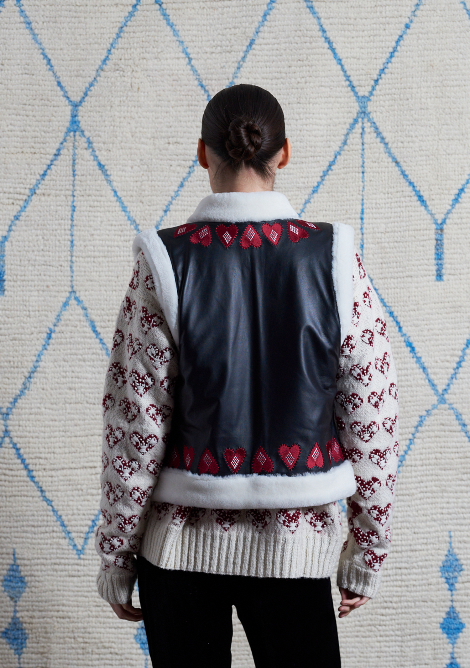 Mimi Gilet Black Leather with Heart Embroidery