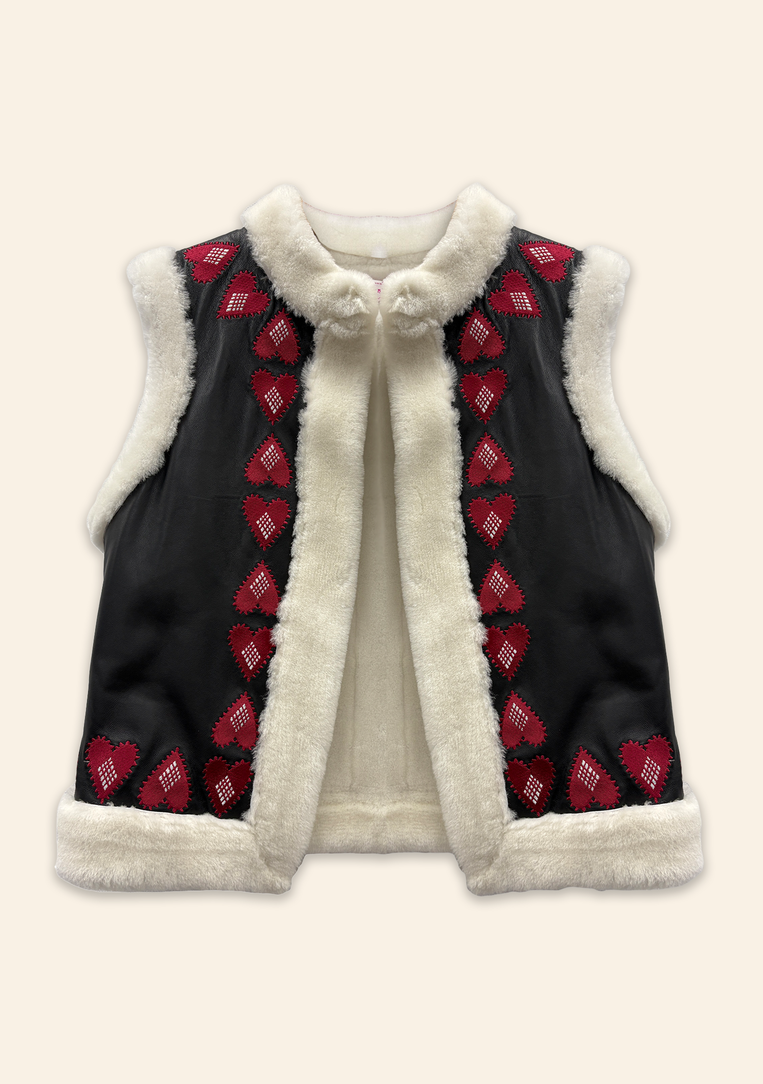 Mimi Gilet Black Leather with Heart Embroidery