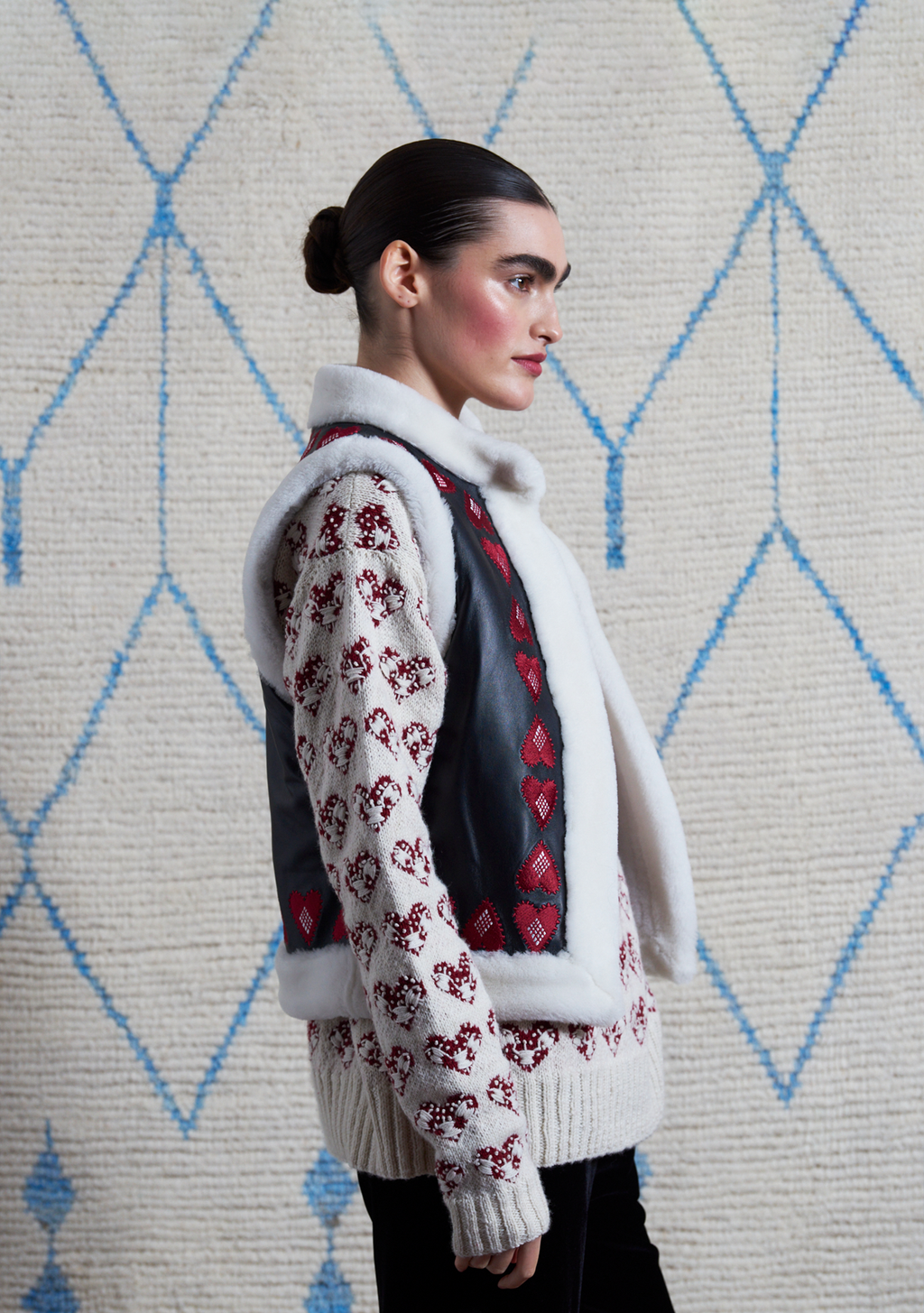 Mimi Gilet Black Leather with Heart Embroidery