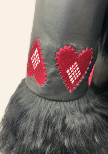 Bibi Midi Coat Black Leather with Heart Embroidery