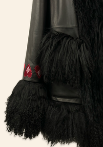Bibi Midi Coat Black Leather with Heart Embroidery