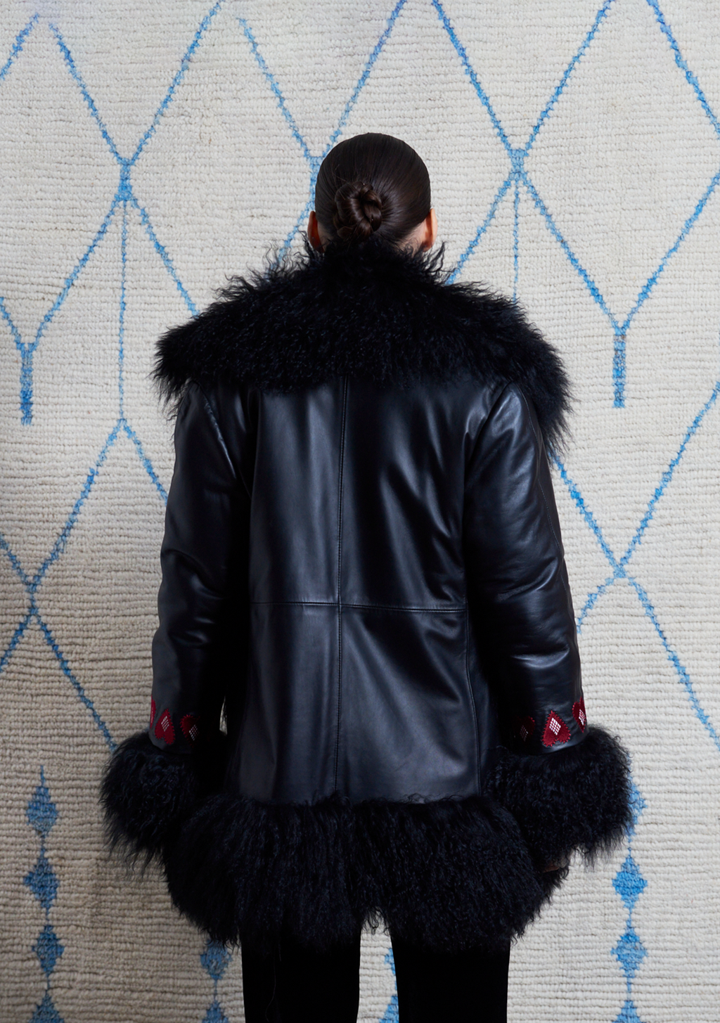 Bibi Midi Coat Black Leather with Heart Embroidery