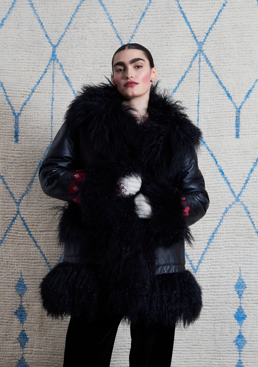 Bibi Midi Coat Black Leather with Heart Embroidery