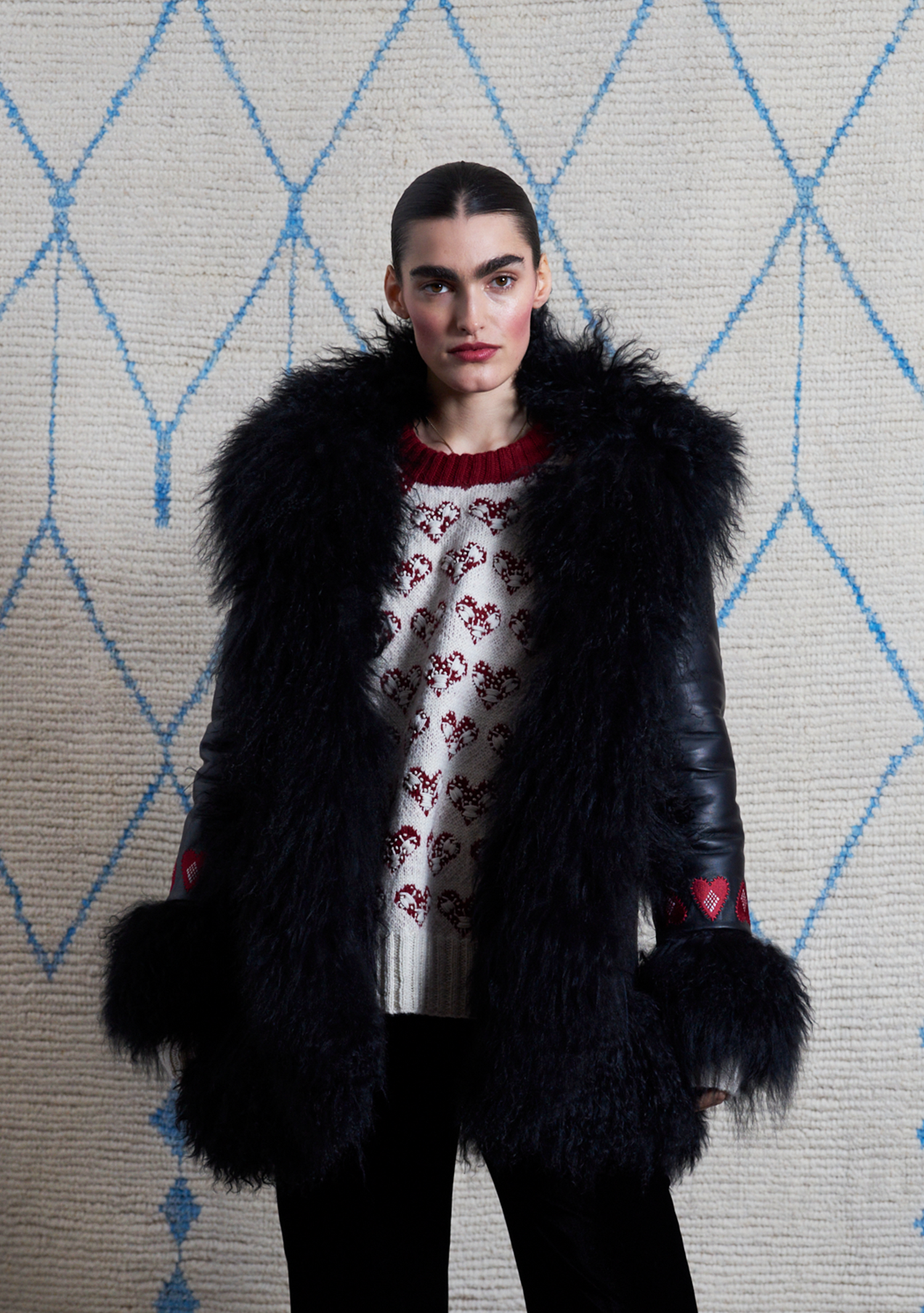 Bibi Midi Coat Black Leather with Heart Embroidery