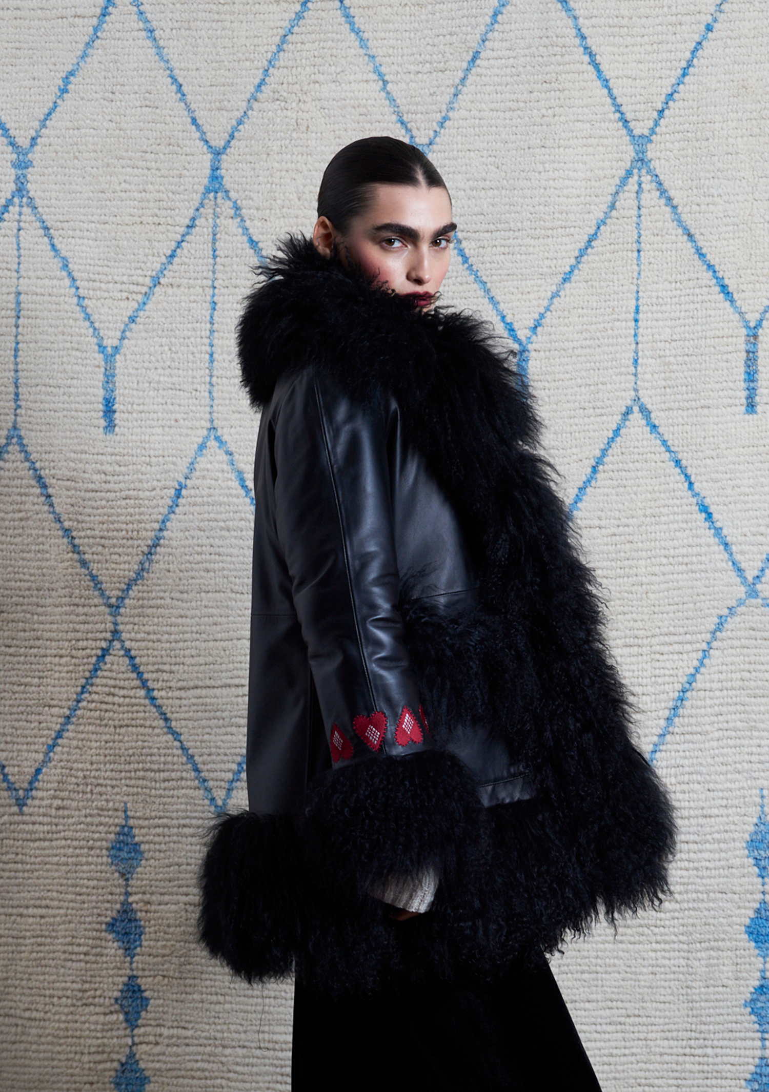 Bibi Midi Coat Black Leather with Heart Embroidery