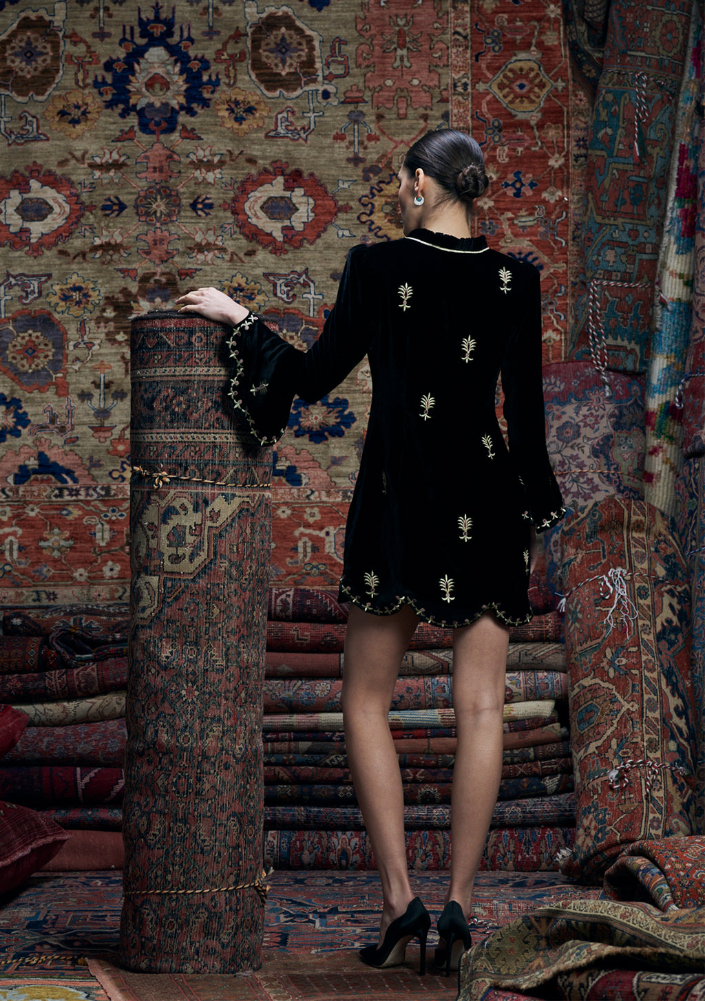 Olympia Dress Black with Gold Embroidery