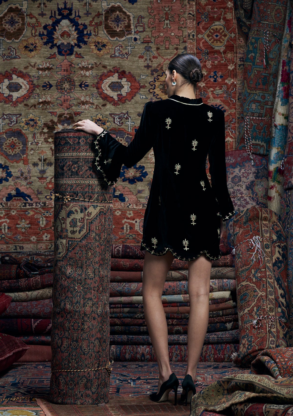 Olympia Dress Black with Gold Embroidery