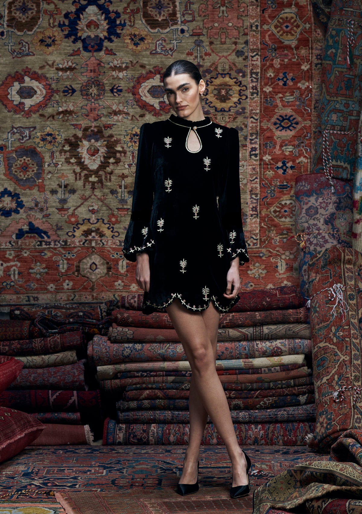Olympia Dress Black with Gold Embroidery