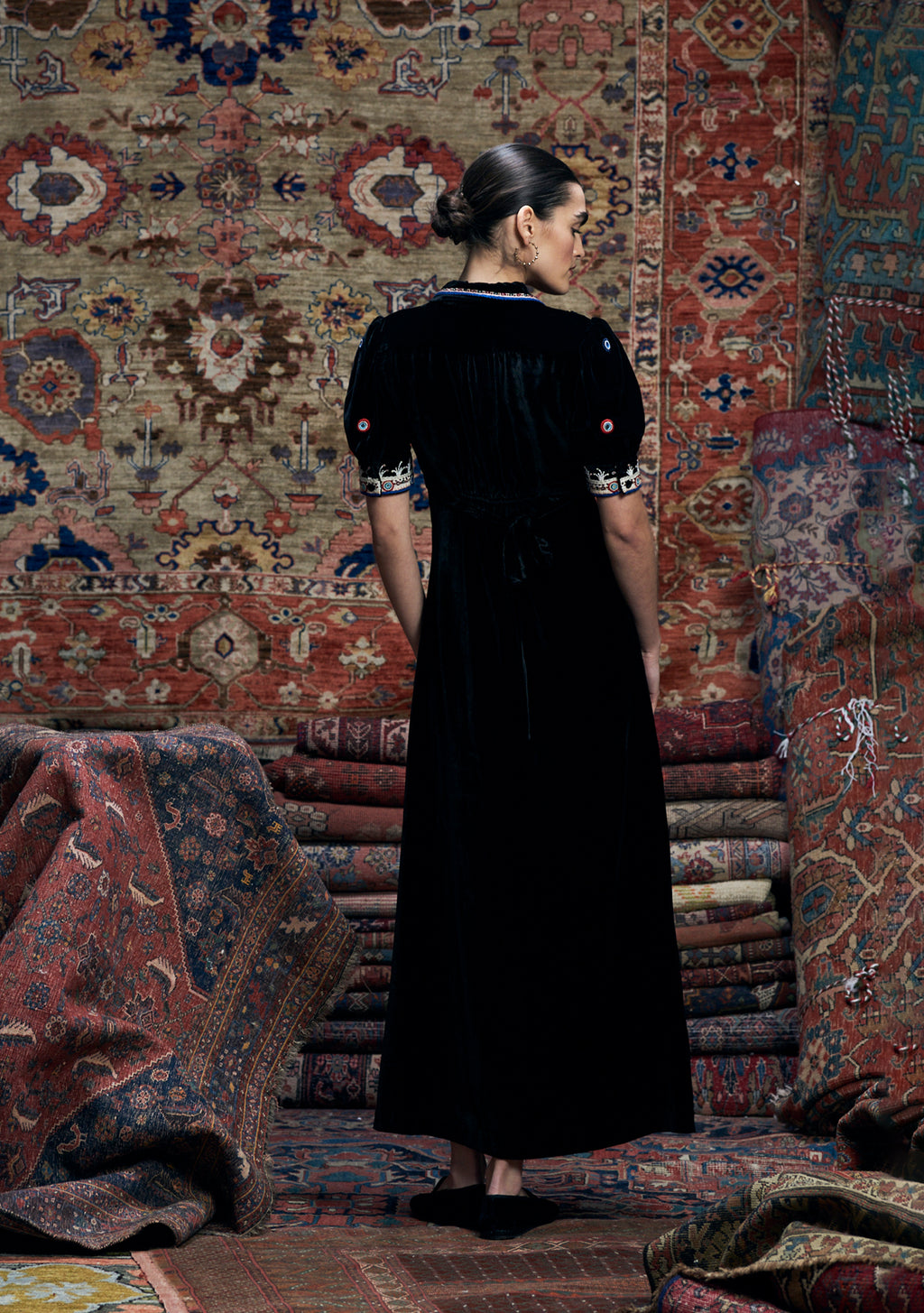 Roxana Dress Black Velvet with Mirror Work Embroidery