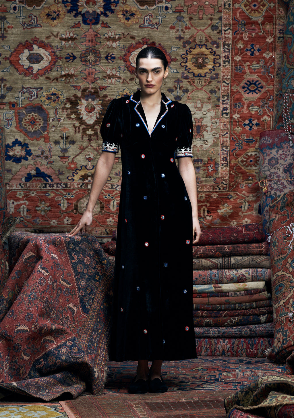 Roxana Dress Black Velvet with Mirror Work Embroidery